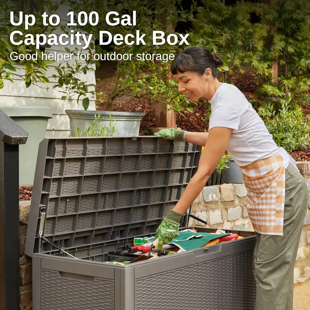 Outdoor Storage Box, 100 Gallon Deck Box, Waterproof Resin Storage Bench for Patio Cushions, Gardening Tools, Pool Toys