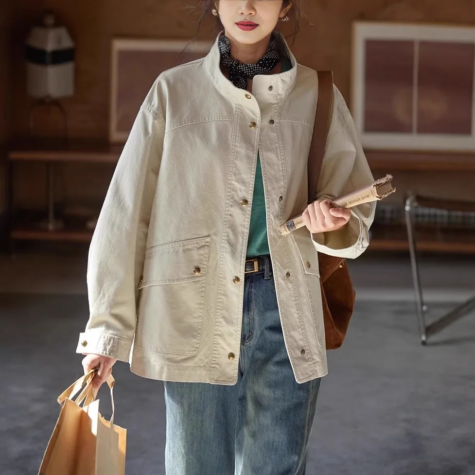 Vintage Stand-up Collar Tooling Jacket Women's Spring 2025 New Thin Loose Top