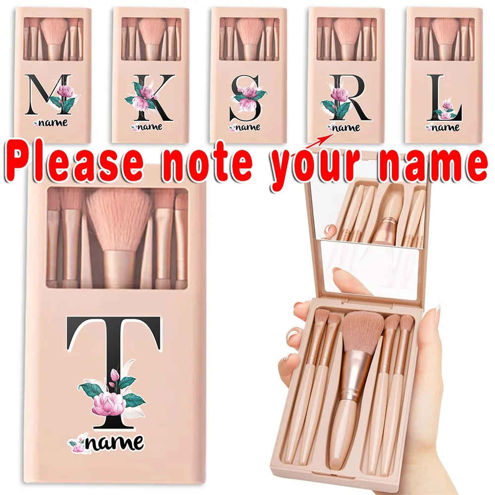 

Customized Name 5Pcs Soft Cosmetic Brush Set With Mirror Box Pocket Makeup Brush Portable Foldable Organizer Holder Beauty Tool