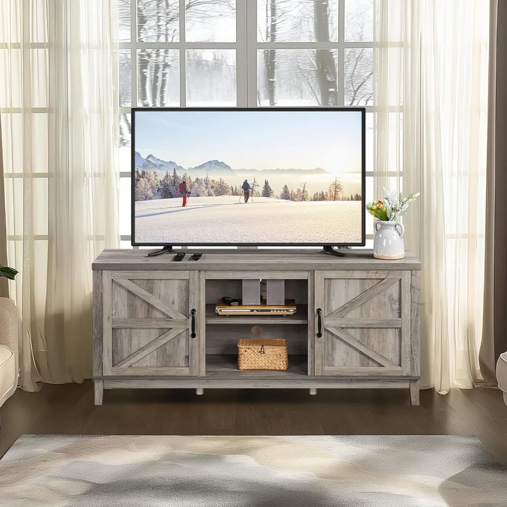 حامل تلفزيون مقاس 65 بوصة على طراز المزرعة، مركز ترفيه لغرفة المعيشة مع طاولة وحدة تحكم بباب الحظيرة المزدوج