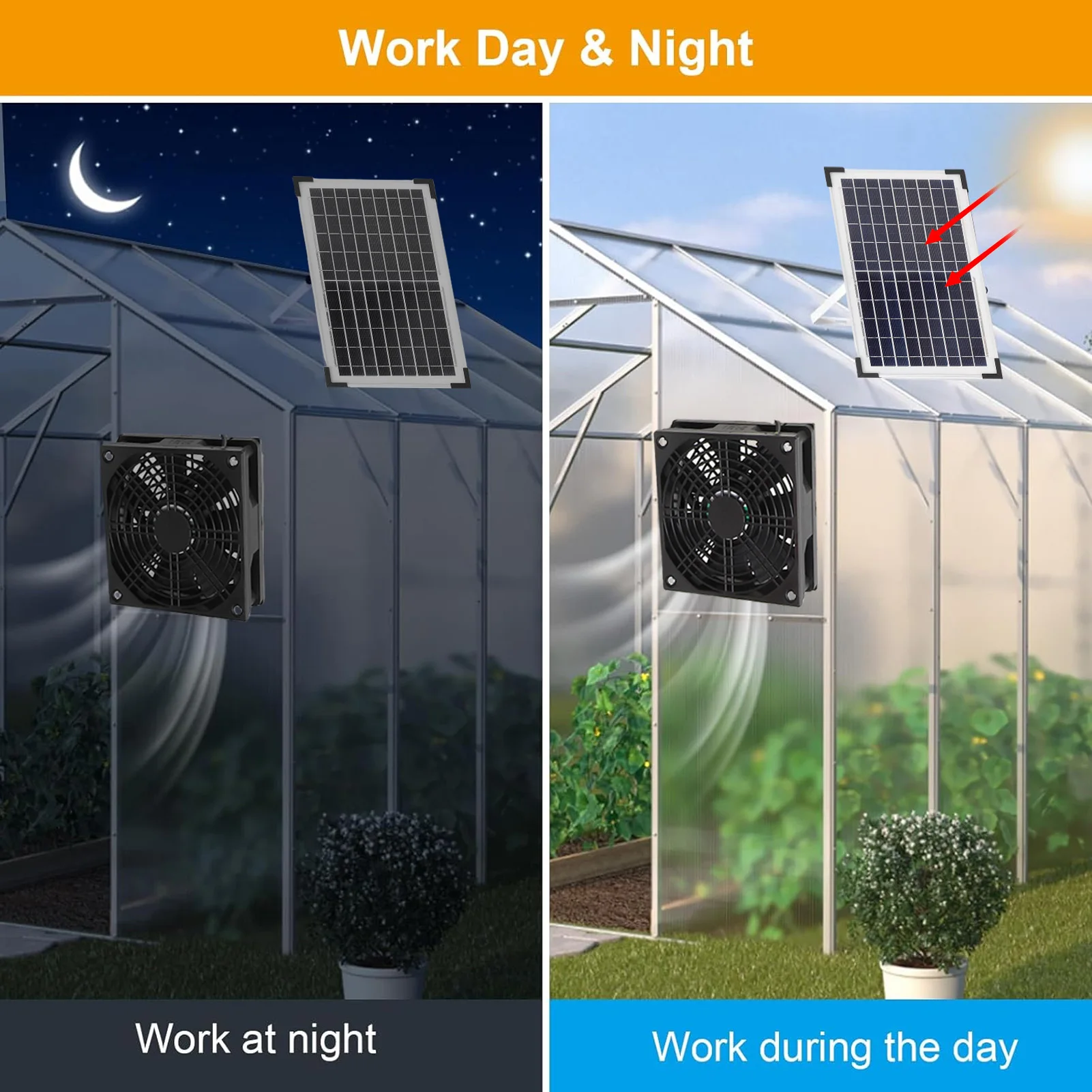 

Solar Ventilation Fan IP65 Water Proof Timer Function Temperature Control 4400mAh Battery Solar Exhaust Fan Kit for Greenhouse