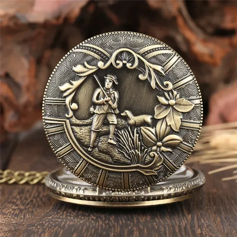 Retro Mens Pocket Watch Hunting Hunter Pattern Classic Arabic Number Quartz Movement Display Full Hunter Portable Clock Gift