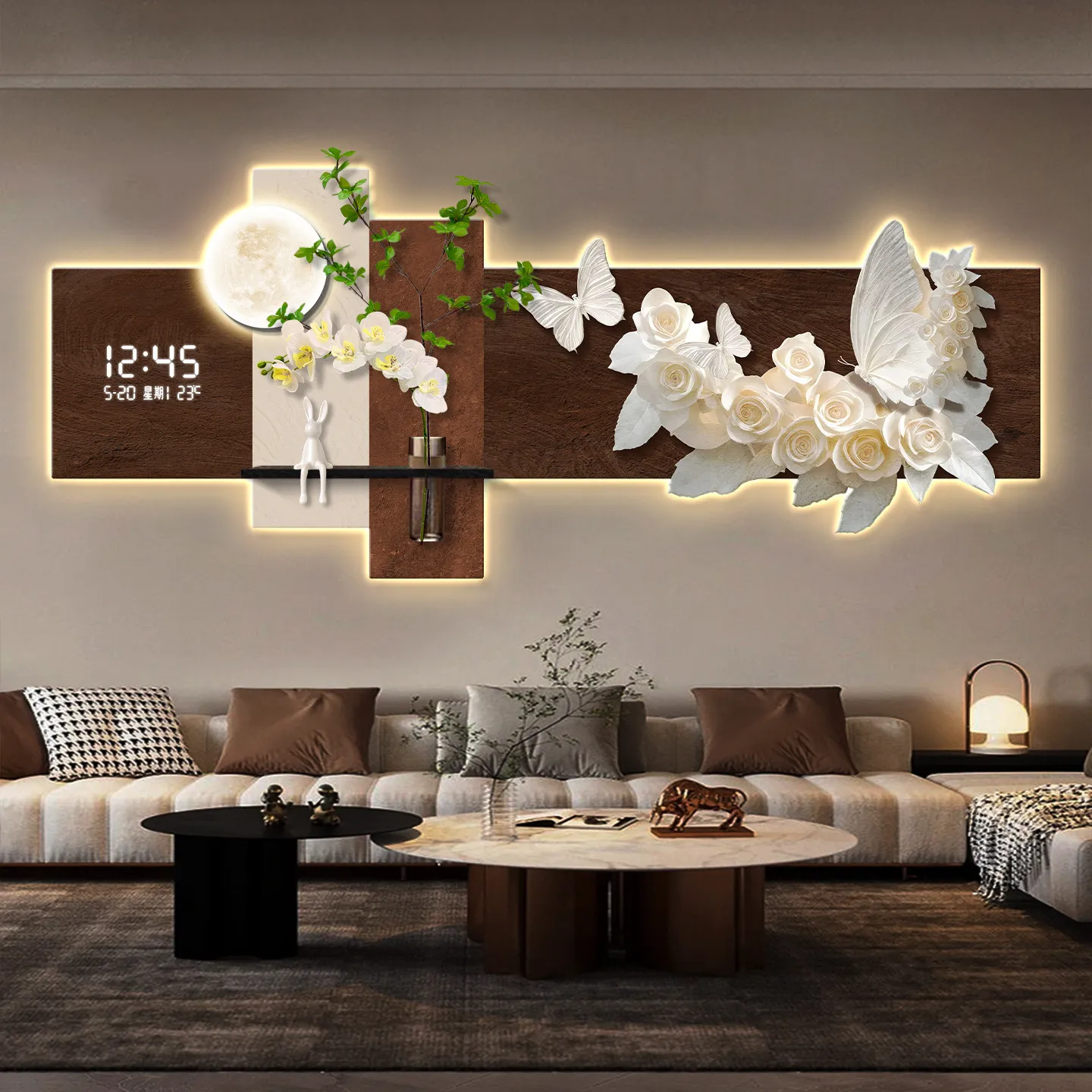 High-end butterfly living room decor print, electronic clock wall lamp painting, hydroponic greenery sofa background wall hangin
