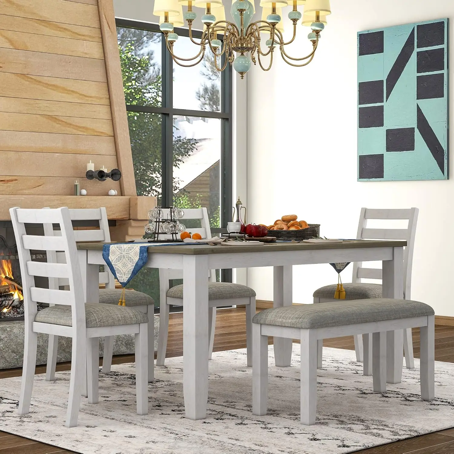 Retro Rustic Style 6-Piece Dining Set, Including 4 Upholstered Chairs, 1 Table and a Bench, for Playroom, Living Room, Ho