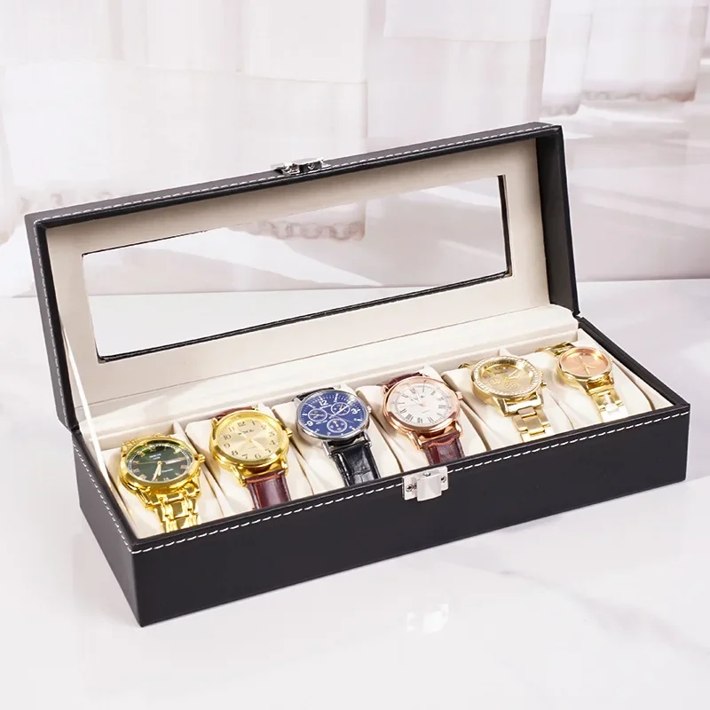 Household Simple 6 Slots Leather Watch Storage Box Organizer Mechanical Mens Watch Display Holder Cases Black Jewelry Gift Boxes