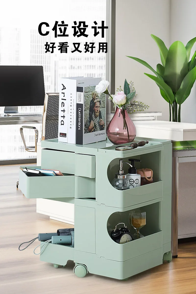 Movable file storage cabinet under the office desk, multi-layer rotating storage cabinet next to it