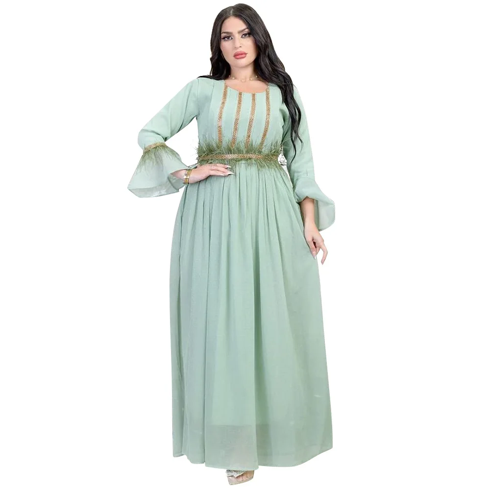 Women\'s New Summer Muslim Feather Hot Diamond Chiffon with Belt Round Neck Skirt Turkish Abaya Arab Islamic Women\'s Kaftan Gown