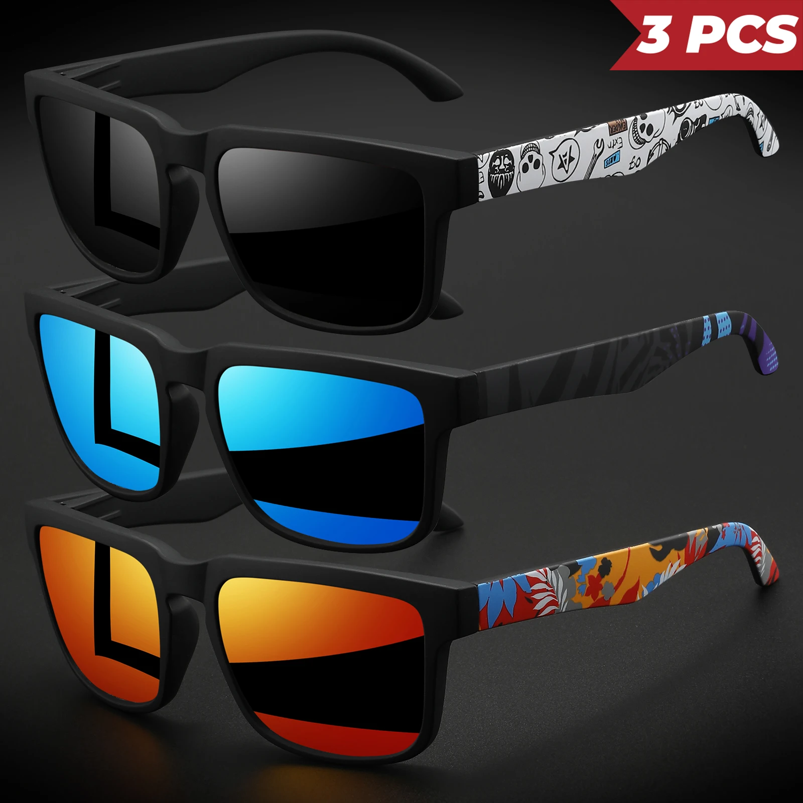 3 Stück klassische, quadratische, farbenfrohe Sport-Sonnenbrille – gemusterte Bügel, bequeme Passform zum Radfahren, Angeln, Strand und Freizeit