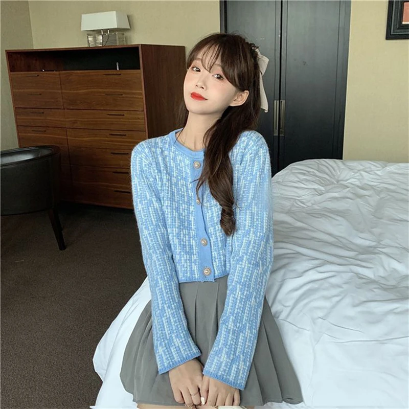 Y2k Stripe Women Crop Cardigan Korean Sweet Knitted Loose Long Sleeve Female Sweaters Autumn All Match Chic Ladies Casual Tops