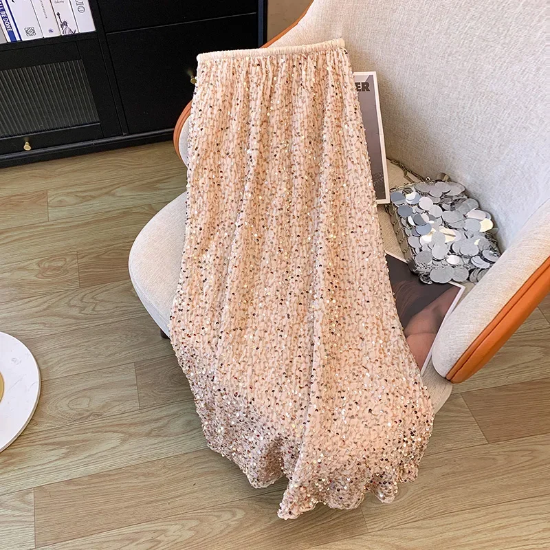 Shinny Red Velvet Sequined Long Skirt Office Ladies Autumn Temperament Women's High Waist A Line One Piece Hip Wrap Long Skirts