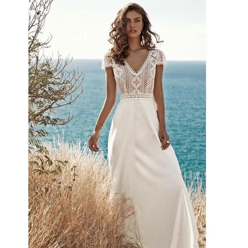 

Boho Lace A Line Chiffon Wedding Dresses 2024 V Neck Backless Beach Bride Dress Cap Sleeve Sweep Train robe de soirée de mariage