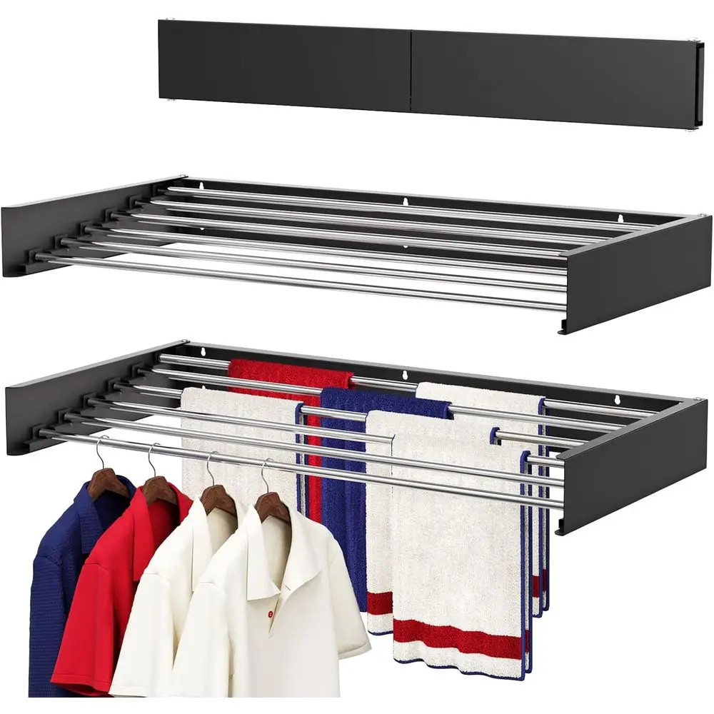 

40 Foldable Wall-Mounted Laundry Drying Rack with Stainless Steel Bars, Retractable Space-Saver for Indoor/Outdoor Use, Includes