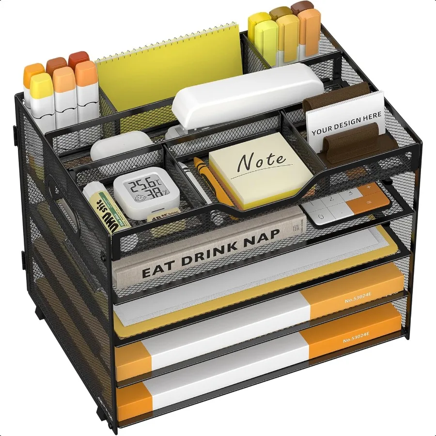 

5 Tier Paper Letter Tray with 3 Dropin Pen Holders Mesh Desk File Organizer with Handle Desk Organizers and Accories for School