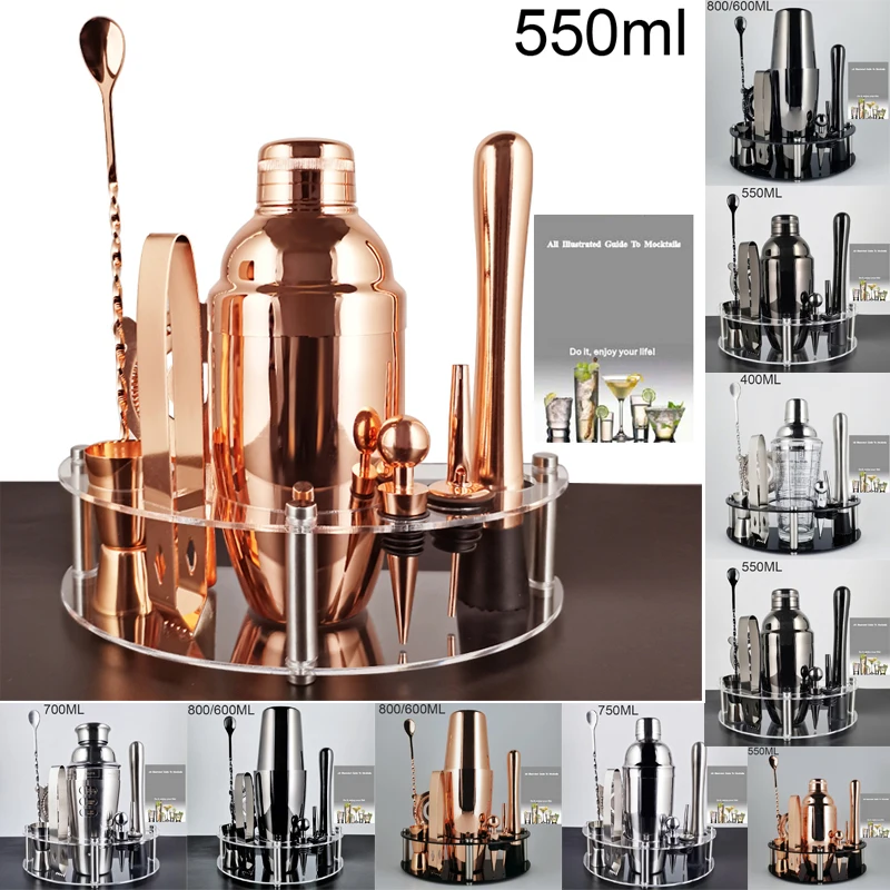 Bar Boston Cocktail Shaker Sets with Cocktail Shaker, Strainer, Ice Tongs, Double Bar Jigger, Pourer, Muddler And Cocktail Stand