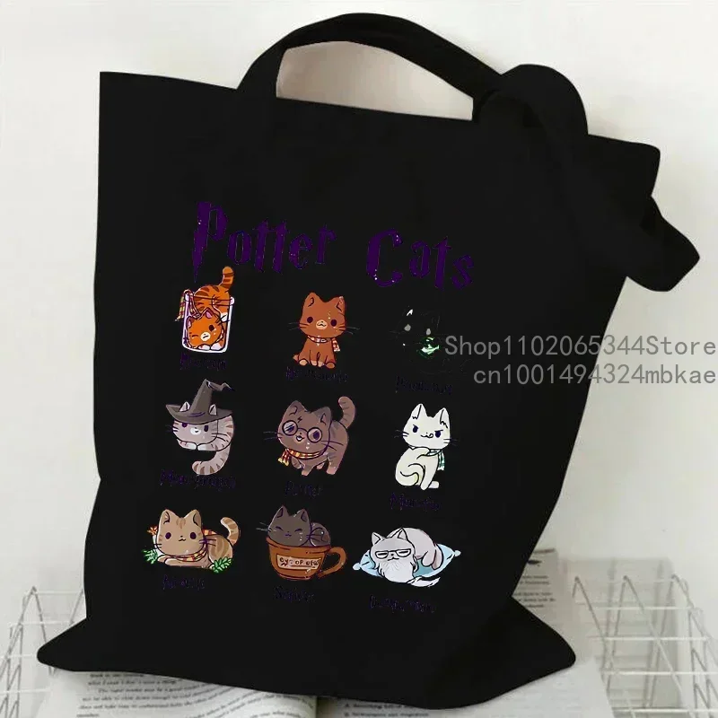 Canvas Tote Bag for Women Potter Cats Handbag Harajuku Animal Shopper Bags Cartoon Cat Aesthetic Tote Bag Female Shoulder Bag