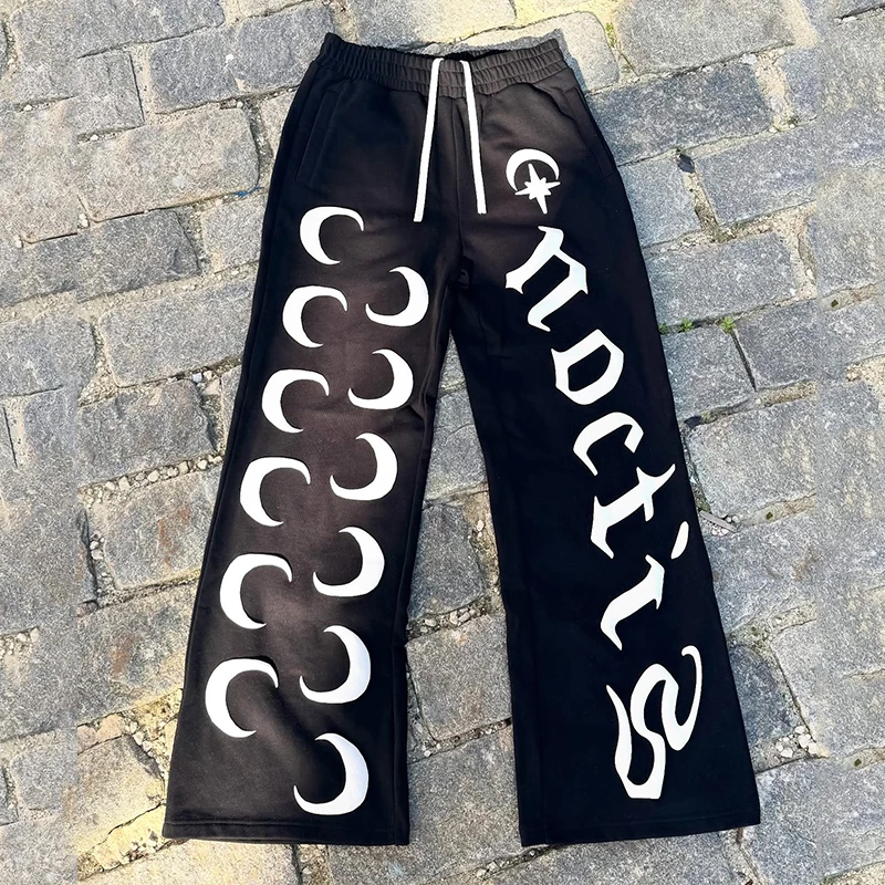 2025 Nuovo autunno/inverno europeo e americano Luna stampata serie Hip Hop stile astratto felpa con cappuccio pantaloni legati