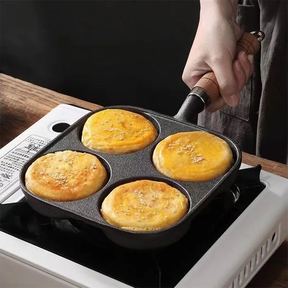 4-Hole Breakfast Burger Egg Pancake Maker Wooden Handle Non Stick Cookware Pancake Pan Suitable for Gas Stove Induction Cooker