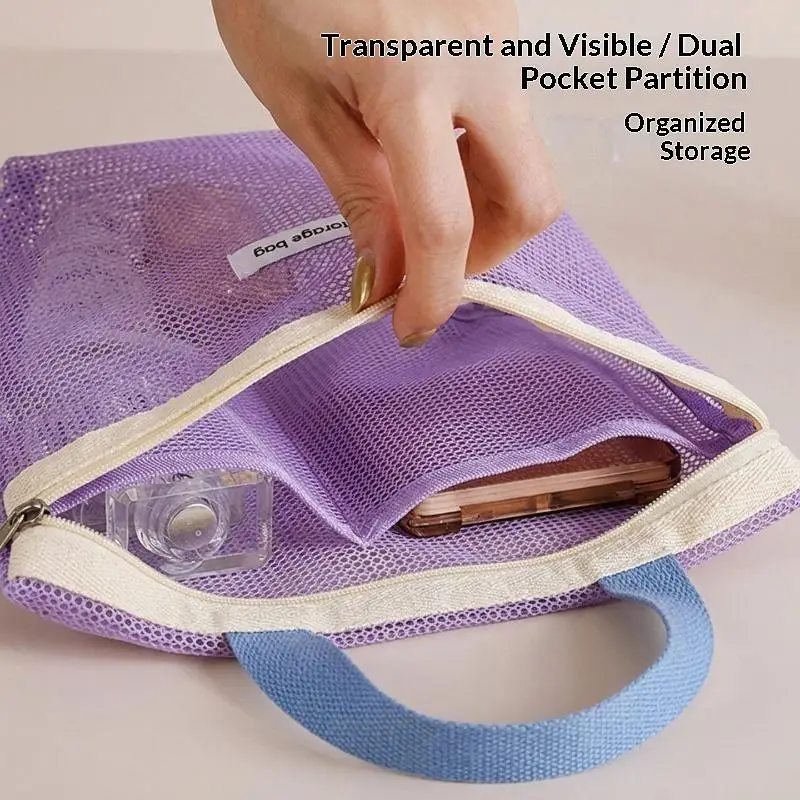 Atmungsaktive Kosmetiktasche aus Mesh mit sicherem Reißverschluss und bequemem Griff für die Organisation von Make-up und Hautpflegeartikeln auf Reisen. – Detail 3