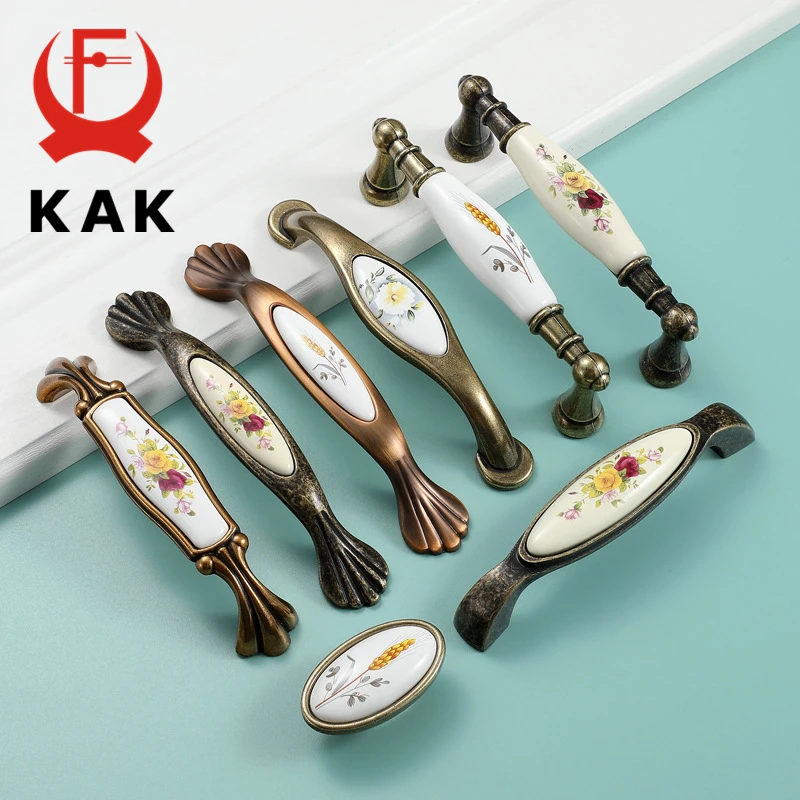 

KAK Vintage Bronze Ceramic Cabinet Handles Wardrobes Door Pulls European Style Kitchen Handle Drawer Knobs Furniture Handle