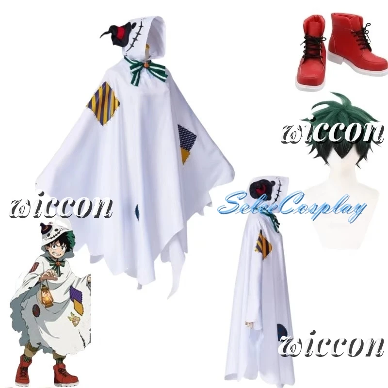 My Anime Hero Academia Midoriya Boku no Izuku Cosplay Costume  Halloween Ghost Hooded Cloak Shoes Wig Set