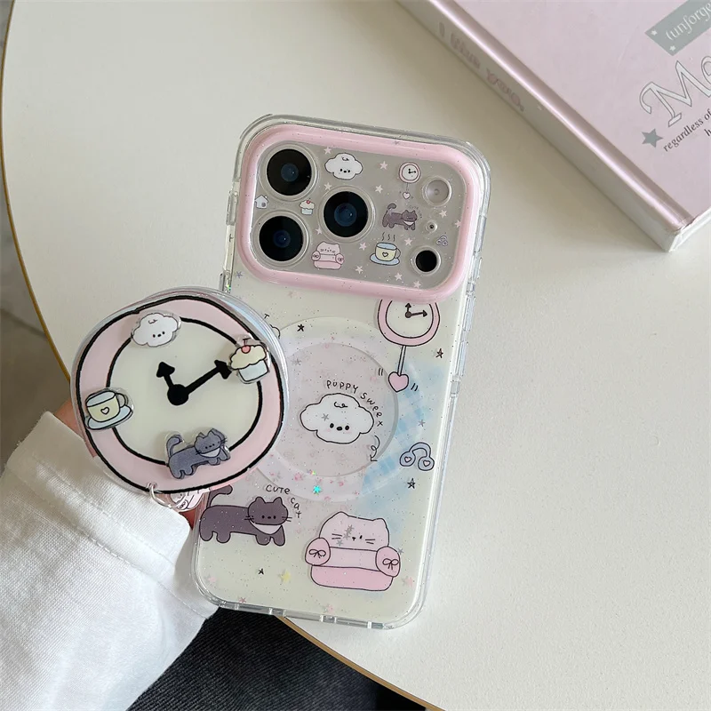 

Matching Clock Pop Socket Cat Cloud Clock Print For MagSafe Glitter Clear Phone Case For iPhone 14 15 16 17Pro Max INS Cute Swe