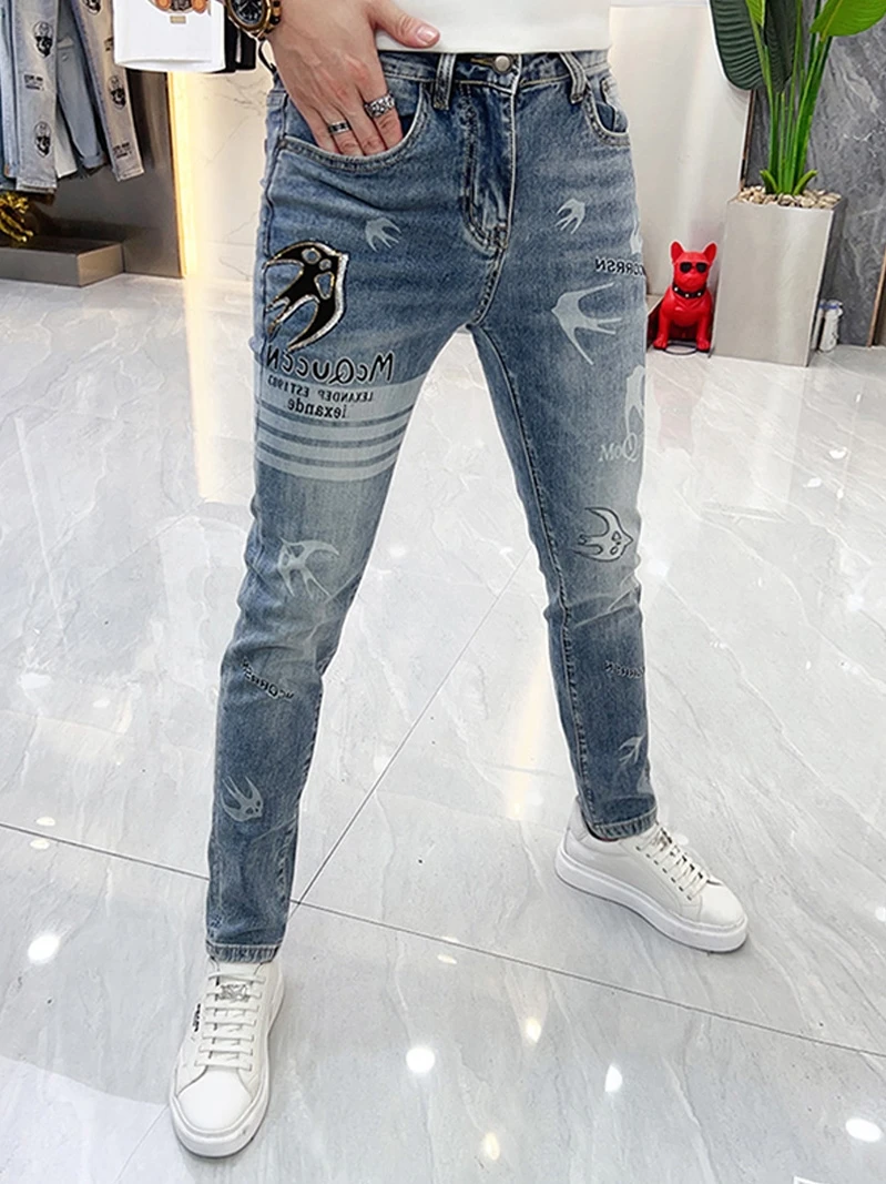 

Spring Autumn Men's Slim Fit Jeans Trendy Brand Printed Diamond Heat Transfer Light Blue Casual Long Pants Youth Faion