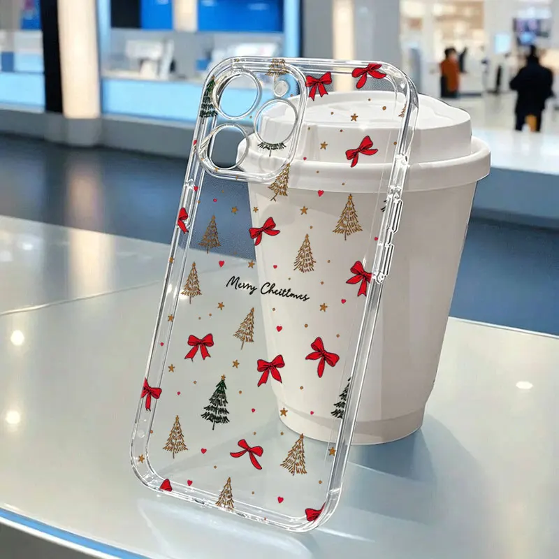 Funda transparente para iPhone 11, 12, 13, 14, 15, 16, 17 Pro, 18 Pro Max, 16E, Air, X, XS, XR, 7, 8 Plus, SE2, con diseño de lazo rojo navideño y protección contra golpes.