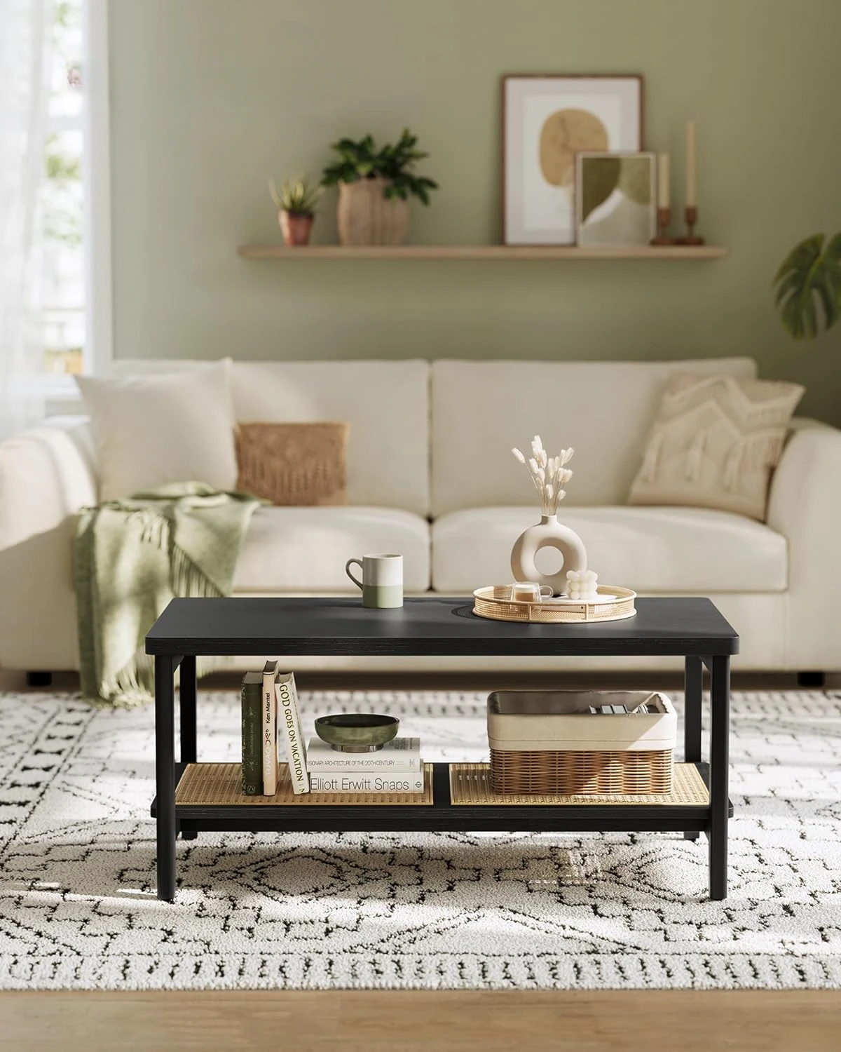 Comfort Corner 2-Tier Coffee Table for Living Room, Living Room  with PVC Rattan Storage Shelf, Rounded Corners, Easy Assembly