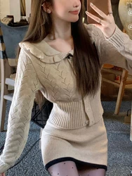 Winter Preppy Style Knitted 2 Piece Set Women Japanese Bow Kawaii Vintage Skirt Suit Female Korean Style Solid Elegant Set 2023