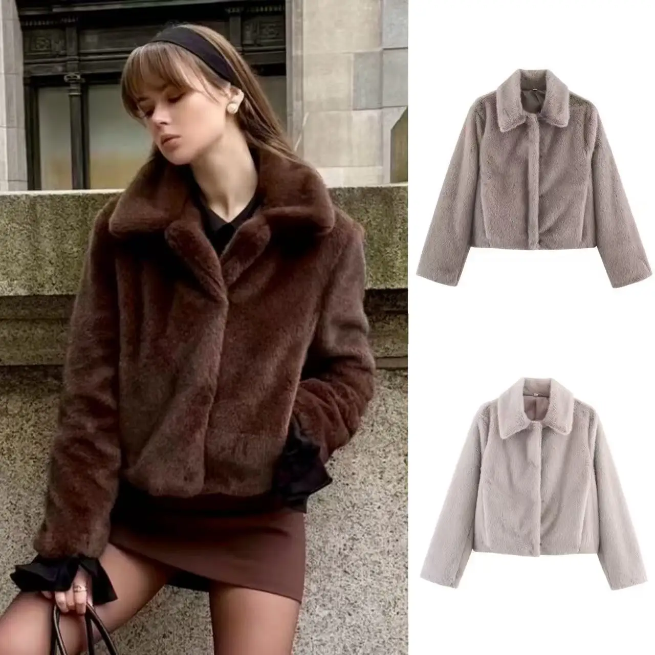 

2025 New Winter Women's Short Pure Color Casual Versatile Collar Faux Fur Coat Elegant Fashion Outerwear Long Sleeve Polyester