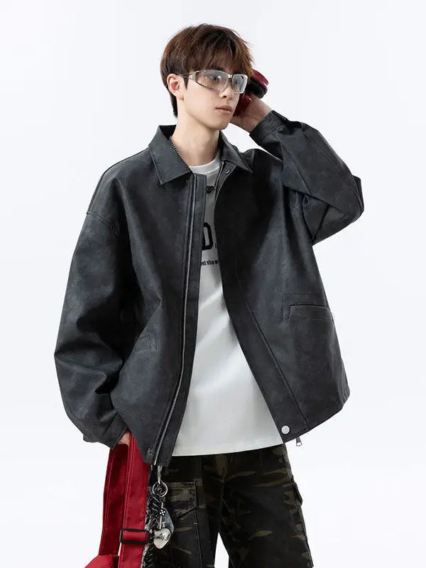 

Retro American ort Leather Jaet Men's Spring Autumn Versatile Stand Collar Workwear PU Jaet Trendy Motorcycle Riding Suit