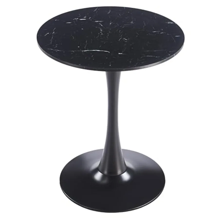 

24 Wide Round Dining Table with MDF Wood Top and Black Stainless Steel Pedestal Base in Black Marble Finish for Mid-Century Caf