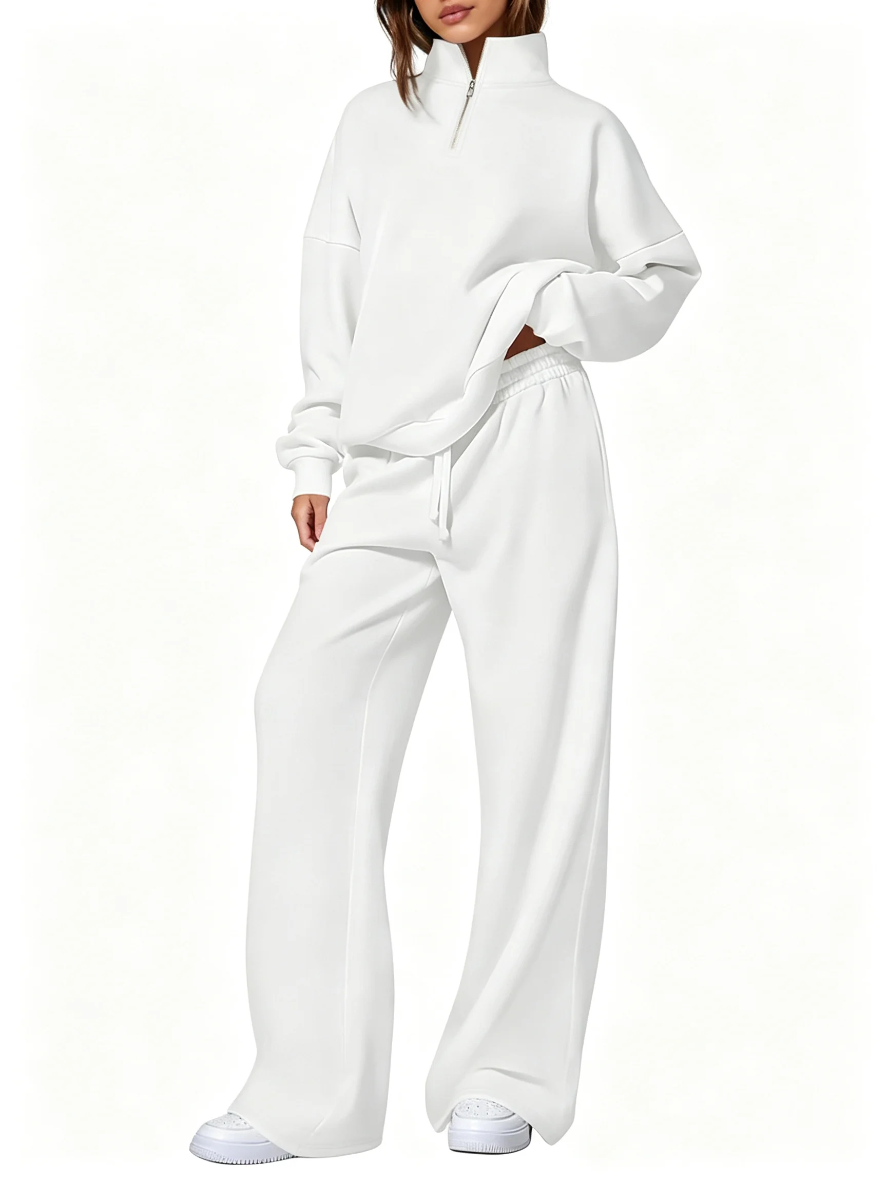 Ladies Casual 2 Piece Set Half Zip Long Sleeve Top Elastic Waist Wide Leg Sweatpants Outfit
