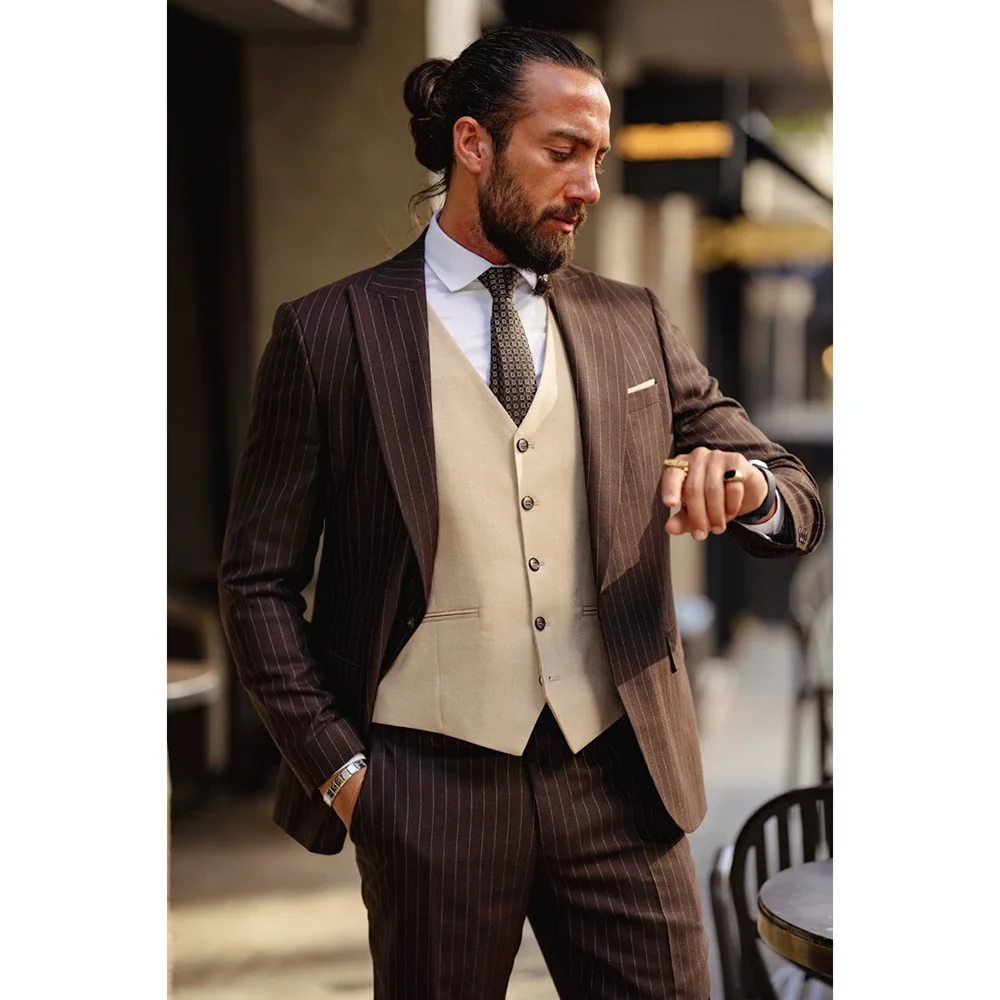 Premium Brown Stripe Men Suit Single-breasted Peak Lapel 3 Pieces(Jacket+Pants+Vest) Male Formal Wedding Party Set