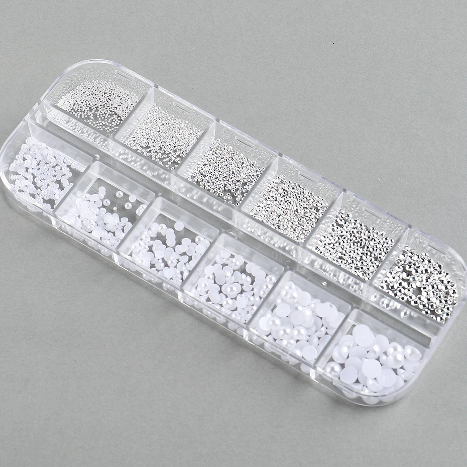 1 صندوق اللؤلؤ الأبيض للأظافر الكافيار حبة مزيج أحجام مسمار الفن سحر ديكور نصف شكل تصميم ثلاثية الأبعاد مجوهرات مانيكير اكسسوارات
