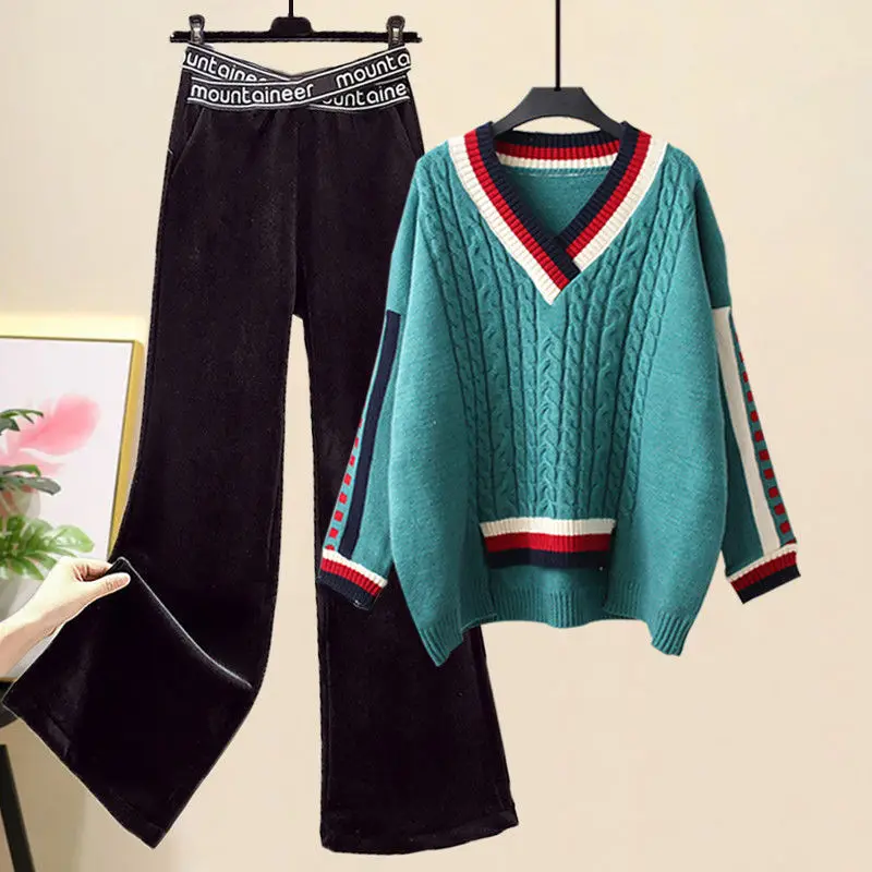 Fried Dough Twists Pattern Stitching V-neck Knitting Sweater Pullover Cross Wide Leg Pants Two-piece Elegant Women\'s Pant Set