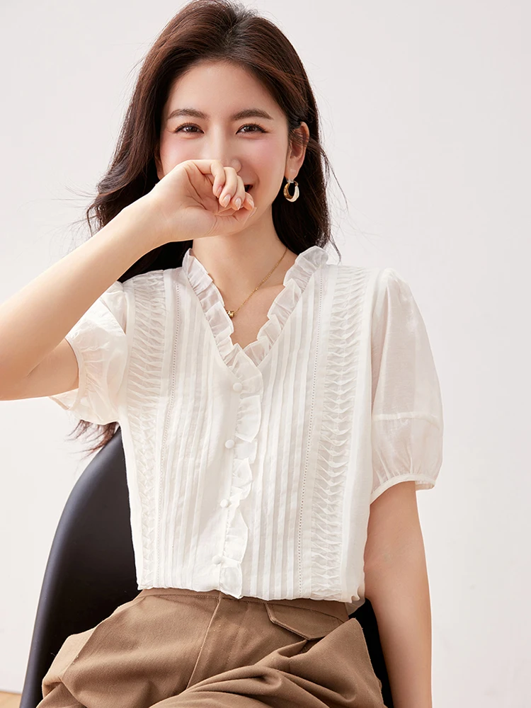 Summer New Women Elegant Simple Shirts Solid Color Tender Loose Design Streetwear V-neck Puff Sleeve Chic Top