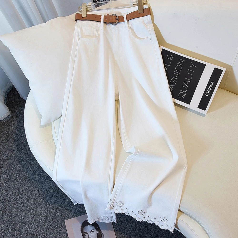 Damskie spodnie jeansowe z ażurowego jedwabiu lodowego, haftowane, letnie, jesienne, o długości 7/8, proste, z szerokimi nogawkami, z wysokim stanem, codzienne spodnie.