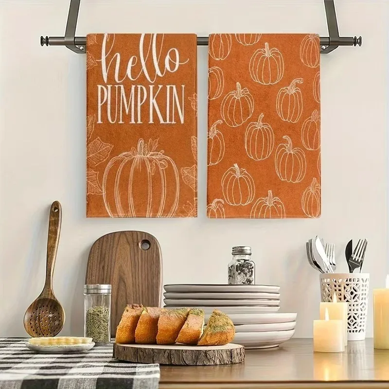 New2Pcs Hello Pumpkin Kitchen Towels Orange White Line Art Pumpkin Dish Towel Fall Autumn Farmhouse Thanksgiving Home Decor Gift