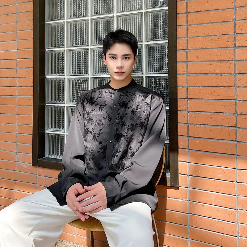 

Рубашка мужская в стиле ретро с длинным рукавом, драпировкой и цветочной вышивкой, осенняя, повседневная, стильная, для парикмахеров