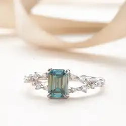 1 carat emerald cut Blue Green Color Moissanite Engagement Ring 18K Gold Plated Silver Luxury Wedding Ring Jewelry Wholesale