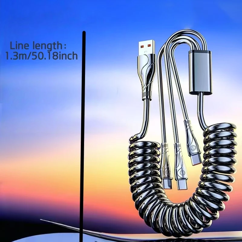 كابل بيانات تلسكوبي زنبركي ثلاثي من النوع C بسحب واحد لسهولة اللف وتخزين مريح لكابلات الشحن السريع