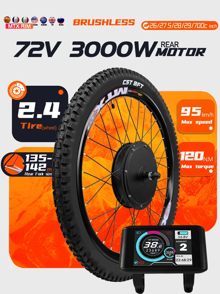 AliExpress LITTLE TT 72V 3000W Electric Bike Conversion Kit with 2.4tire 26-29inch 700C E-Bike Rear Brushless Hub Motor Bike Wheel kit MTX rim SW900