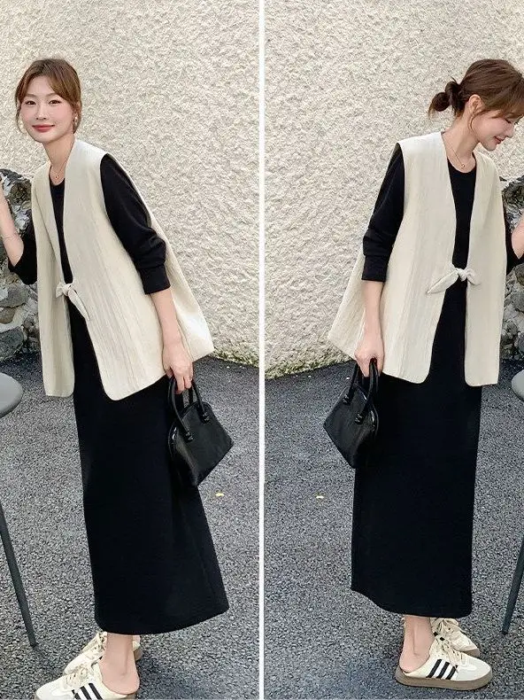 

plus Size Korean Style Knot Vest Dress Women's Spring Autumn Slimming High End Feeling Long Dress Two Piece Set