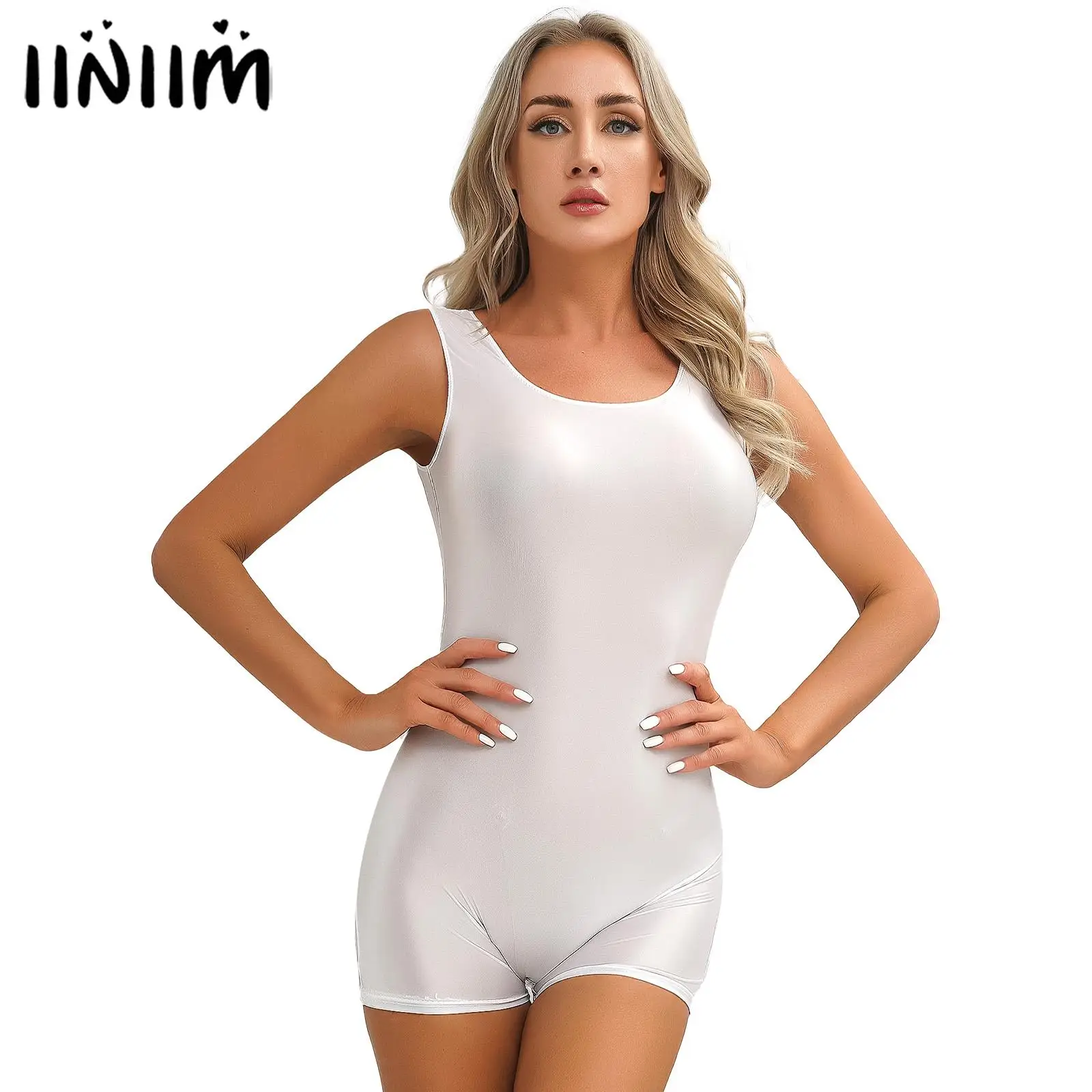 Women's Swimsuit Solid Color Stretchy Short Jumpsuit Fitness U Neck Bodysuit Swimming Suit Glossy Sleeveless One Piece Swimwear