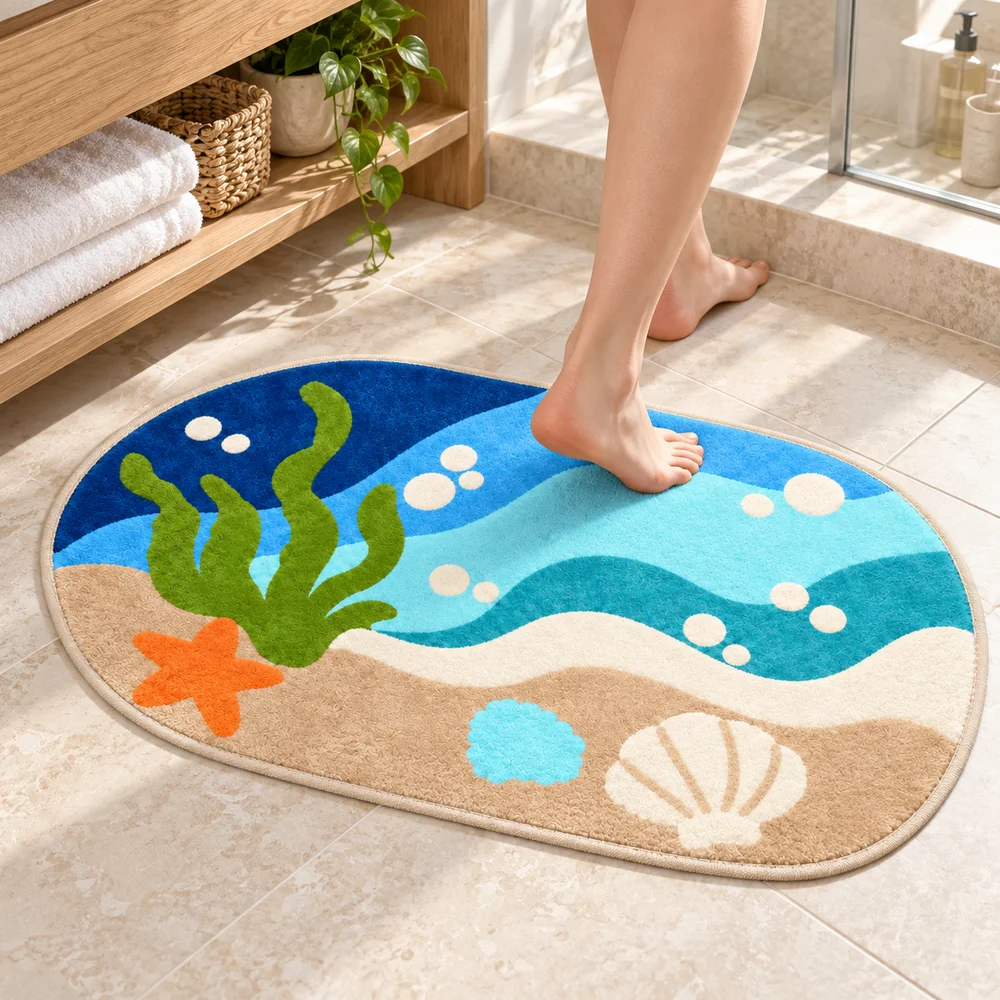Ocean Beach Shaped Rug Sea Shell Starfish Coastal Floor Mat Bathroom Bedroom Entryway Living Room Beach Theme Home Decor Carpet