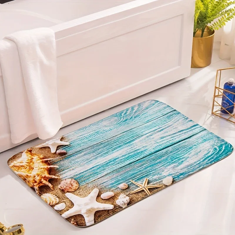 Ocean Shell Wood Paneled Bath Mat Super Absorbent Carpet for Bathroom Hawaiian Style Starfish Beach Home Decor Non-Slip Foot Rug