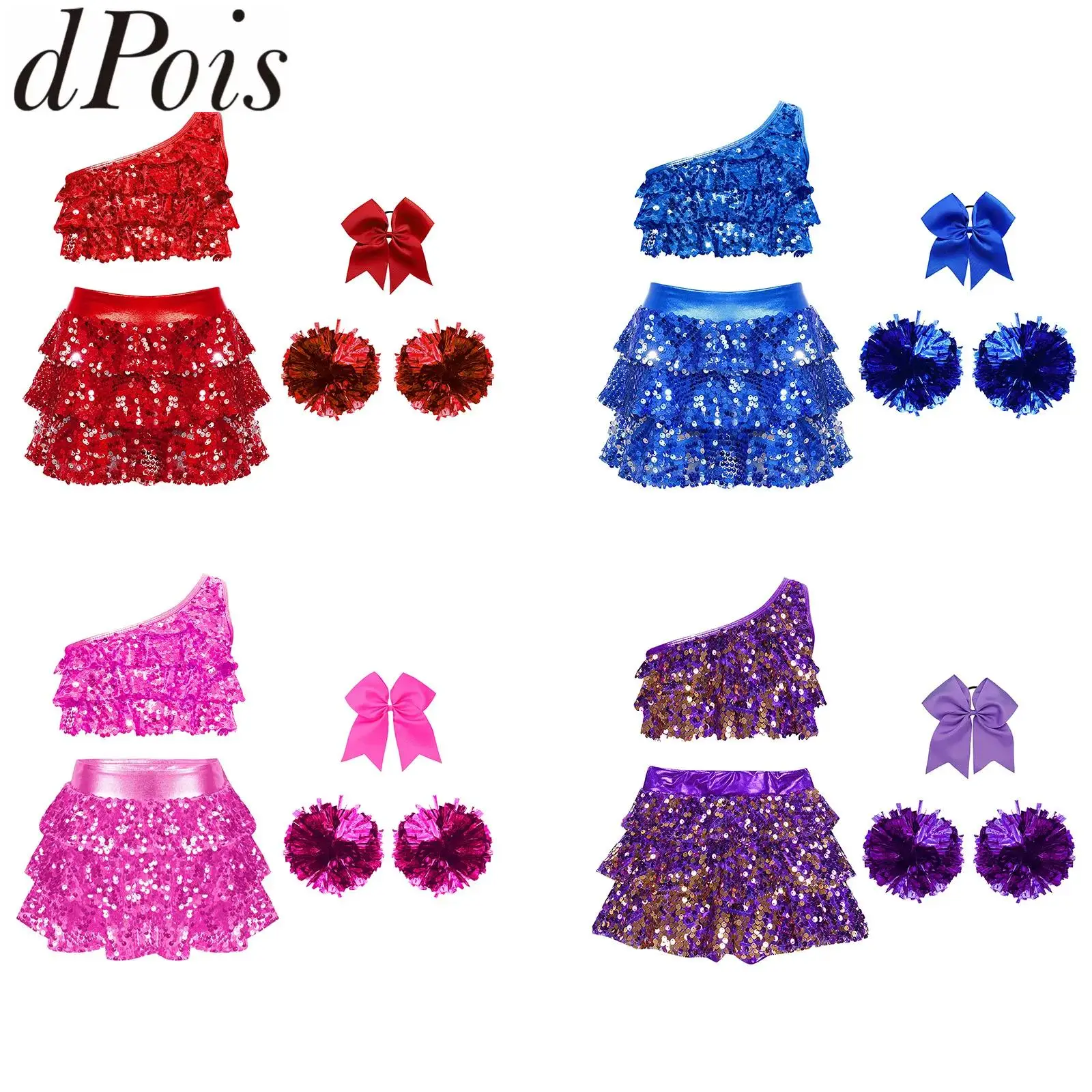 Kids Girls Cheerleading Performance Costume Modern Dance Outfits Sequins Tiered Ruffles Vest with Culottes Headwear Flower Balls