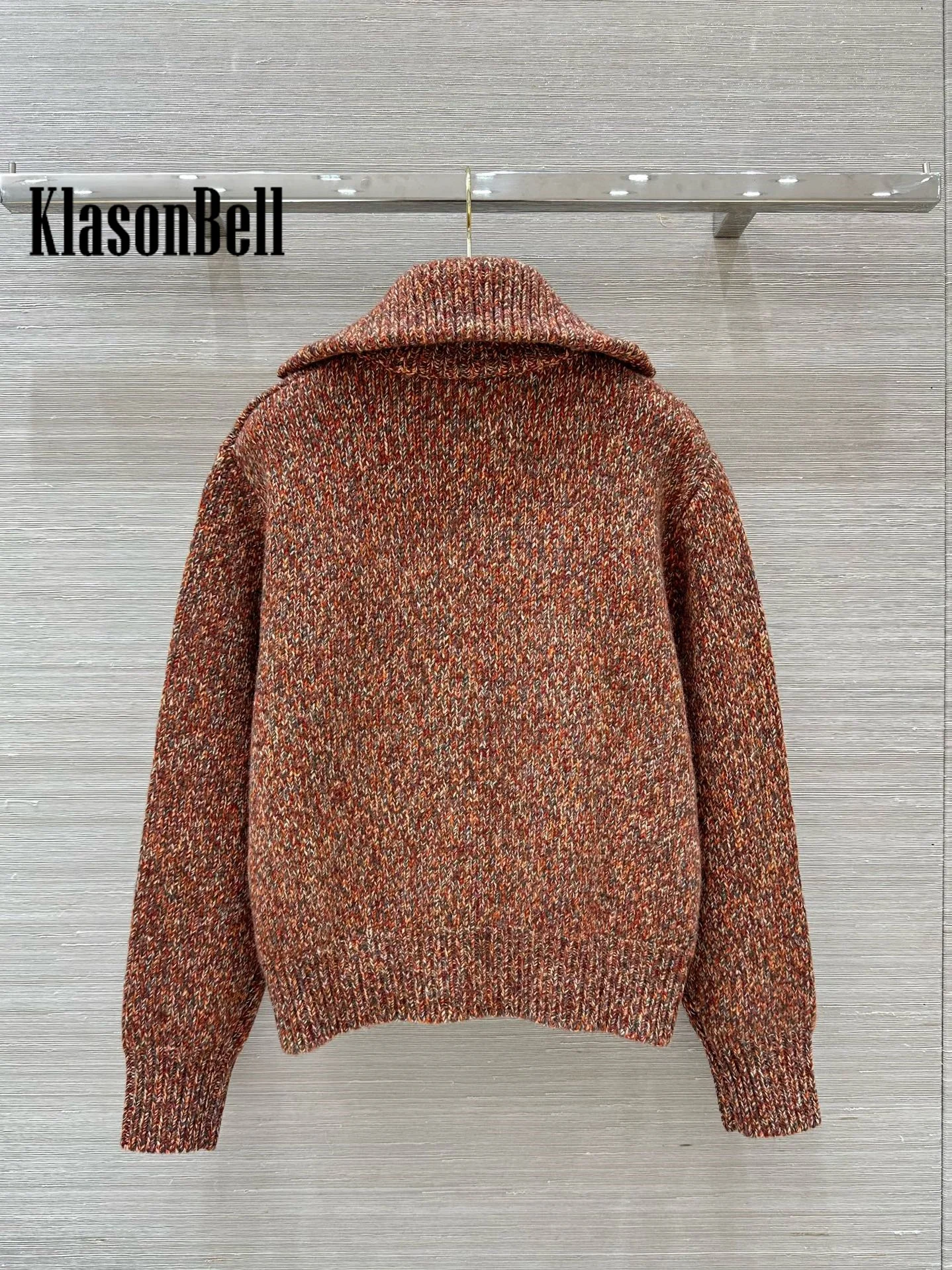 9.1 KlasonBell Women Classic Casual Fancy Coarse Yarn Turn-down Collar Zipper Cardigan Double Pocket Cashmere Knit Coat