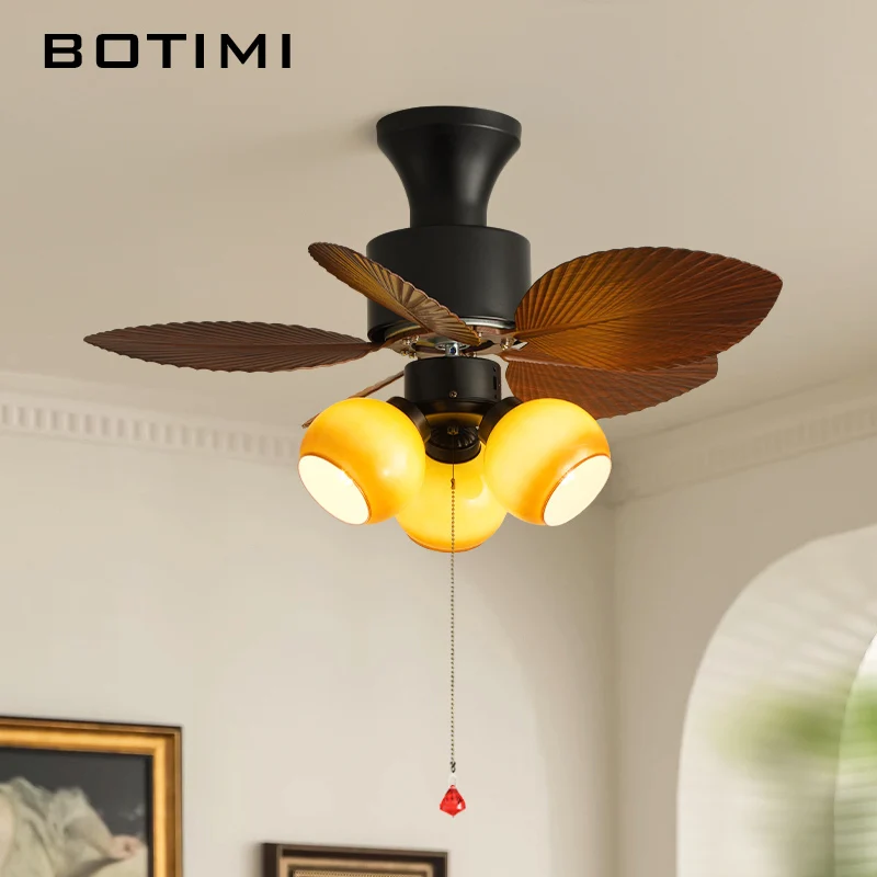 BOTIMI 32 Inch Ceiling Fan With Glass Lampshade Lights For Living Room Brown Ventilateur de plafon Bedroom Cooling Fans Lighting